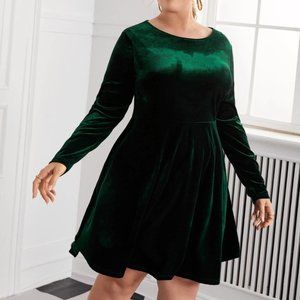 SHEIN Plus Fit Flare Green Velvet Dress